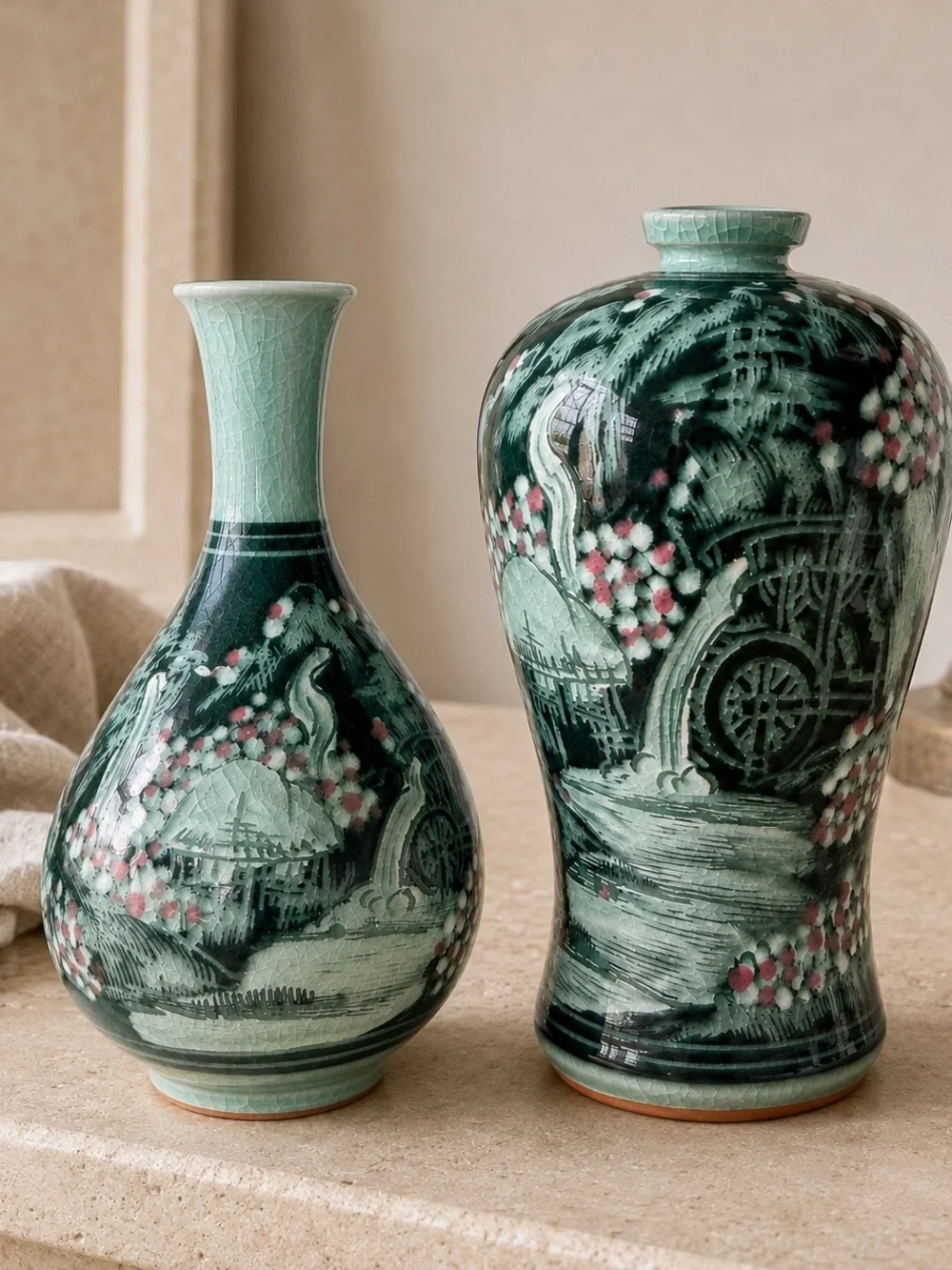 Vintage Korean Haegwang Celadon Sanggam Vase Pair w/ Certificate